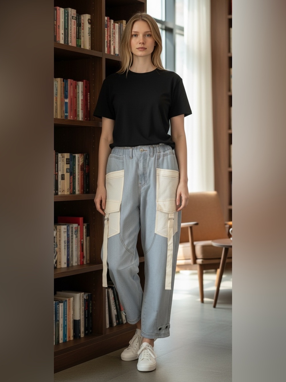 POL Light Blue Pinstripe Jeans with Cream Cargo Pockets